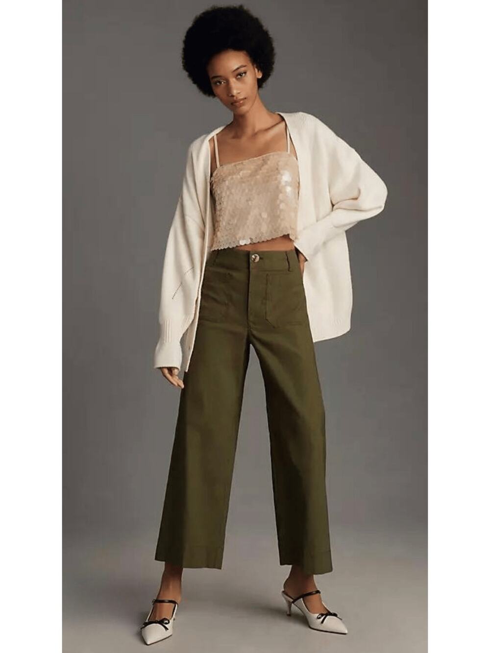 Anthropologie Maeve Colette Olive Green Cropped Wide Leg Pants Stretch High Rise